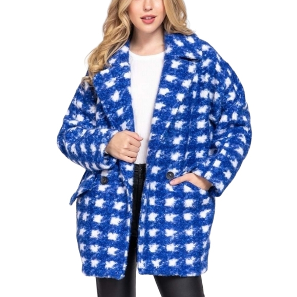 Boutique Long Sleeve Double Breasted Check Print Boucle Fleece Coat - Picture 2 of 12